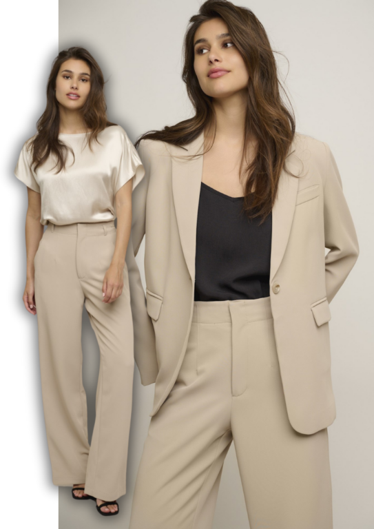 Broekpak lang colbert dames beige zandkleur