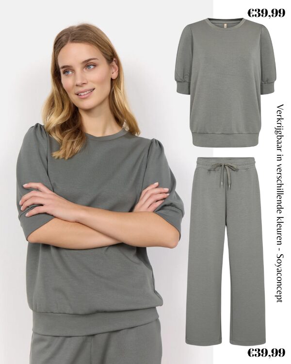Soyaconcept tricot broekpak culotte truitje pofmouw legergroen