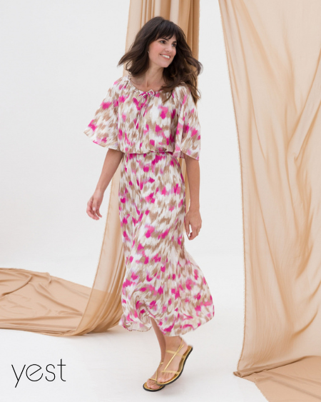 Yest jurk met fuchsia en beige tinten - lange jurk bruiloft daggast / avondgast