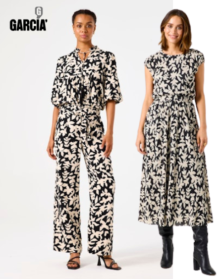 Garcia zwart wit print co-ord set. Plissérok of wijde broek
