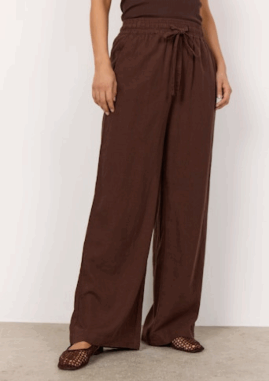 Soyaconcept hot fudge linnen dark brown broek wijde rechte broek bij Dijkstra Mode