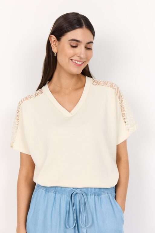 Soyaconcept t-shirt kant stof korte mouw tricot soft satin stof