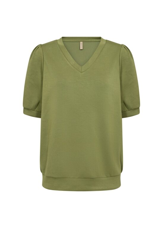 Tricot stretch sweatstof t-shirt v-als pofmouw Soyaconcept groen bij Dijkstra Mode