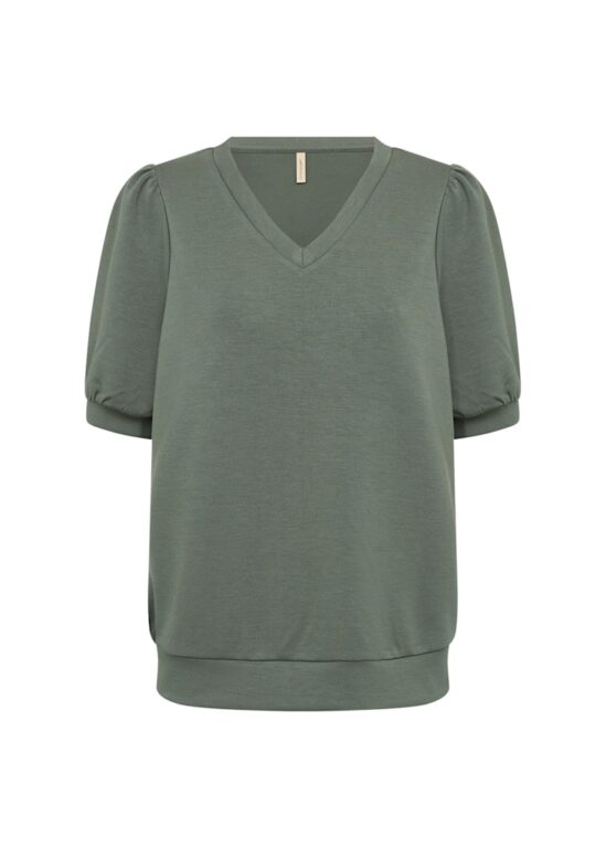 Tricot stretch sweatstof t-shirt V-hals groen pofmouw Soyaconcept