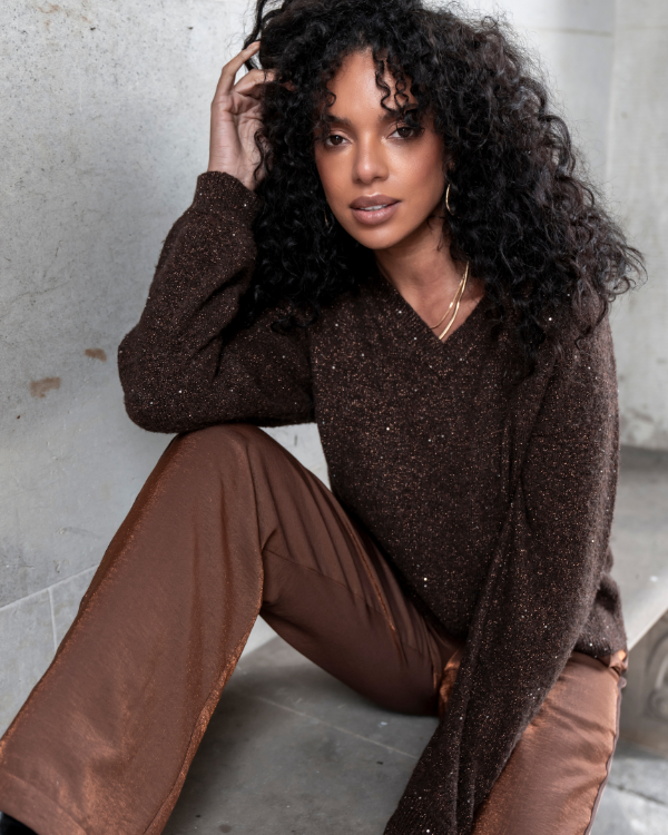 Geisha chocoladebruin -bruine trui glitter v-hals dijkstra mode feanwalden