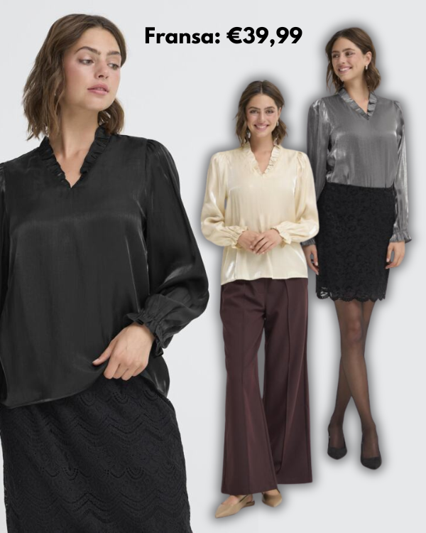 Fransa glansblouses rushes zwart, crèmewit en zilvergrijs