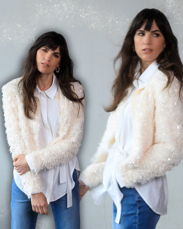 Yest fluffy vestjes met pailletten crèmekleur - Dijkstra Mode