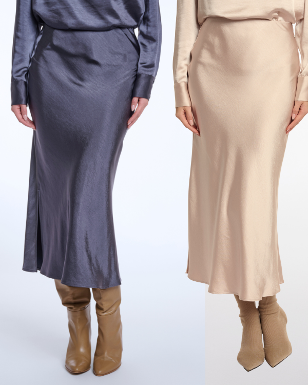 Rino & Pelle satijn rok halflange glans rok lavendel blauw beige bruin co-ord.