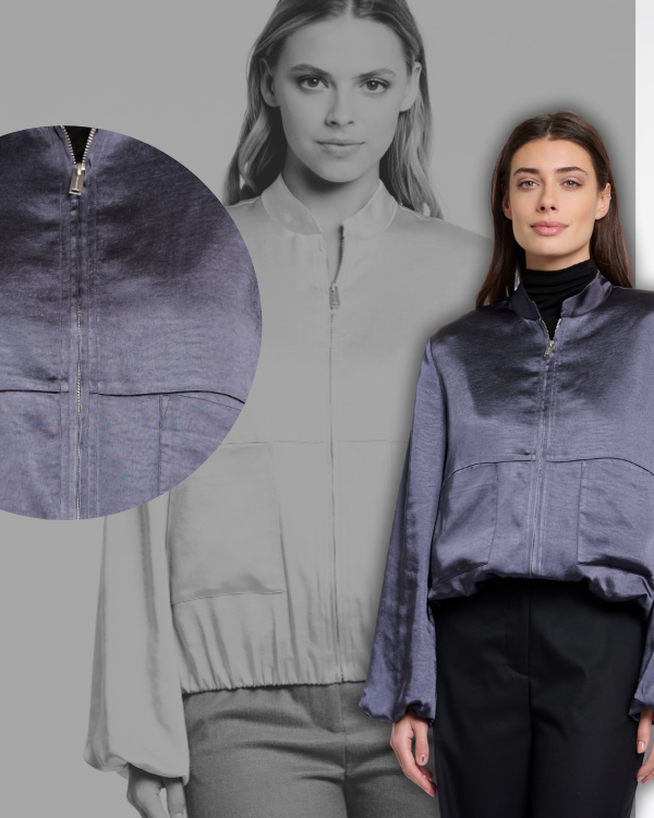 Rino & Pelle satijn co-ord pofmouw jasje bomber model lavendel blauw beige bruin co-ord.