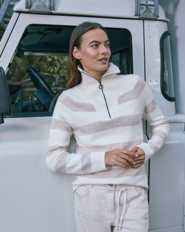 Gestreepte trui zip-trui met een brede horizontale streep lichte tinten naturellook