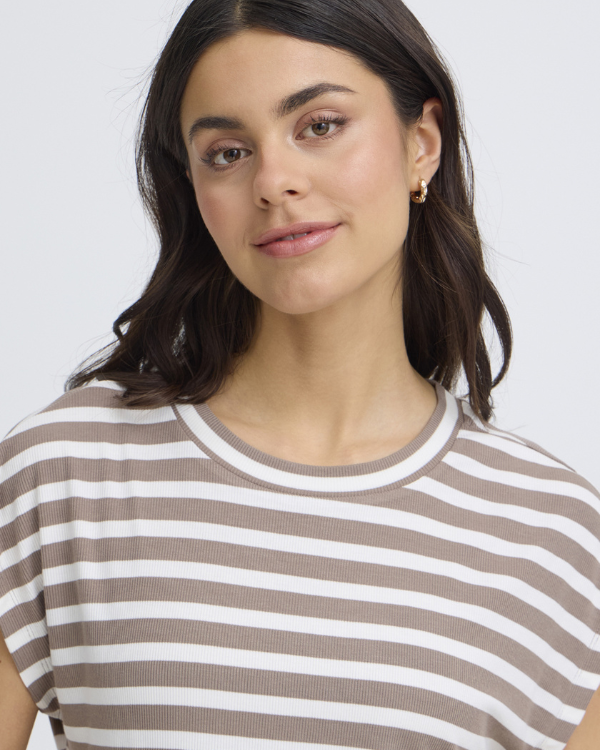T-shirt ronde hals met streepdesign taupe wit gestreept