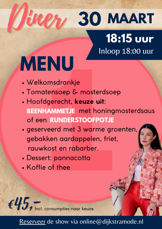Fashion Dinner show 30 maart 2026 Dijkstra Mode Dûke Lûk
