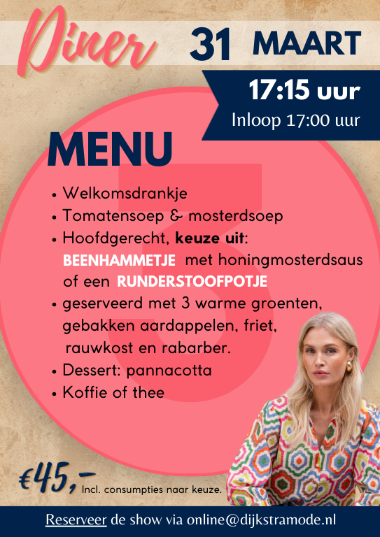 Fashion Dinner show 31 maart 2026 Dijkstra Mode Dûke Lûk